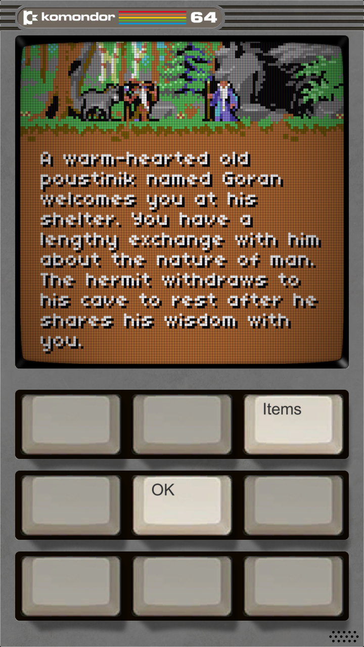 A hermit greets the party outside his shelter