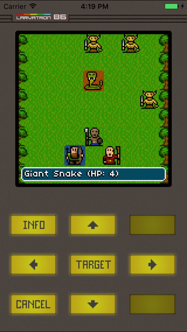 Turn-based combat against a giant snake in the woods
