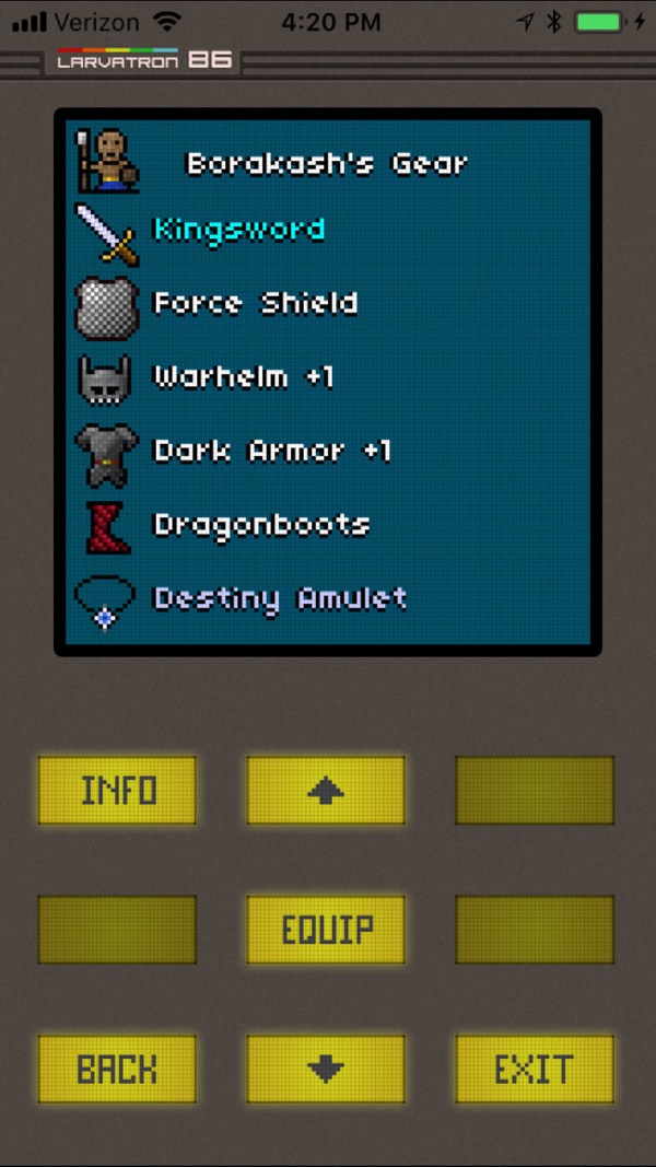 Borakash's gear and equipment screen