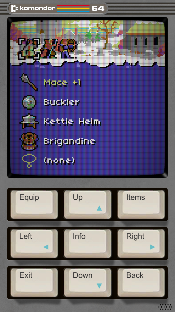 Equipment screen with mace, buckler and brigandine
