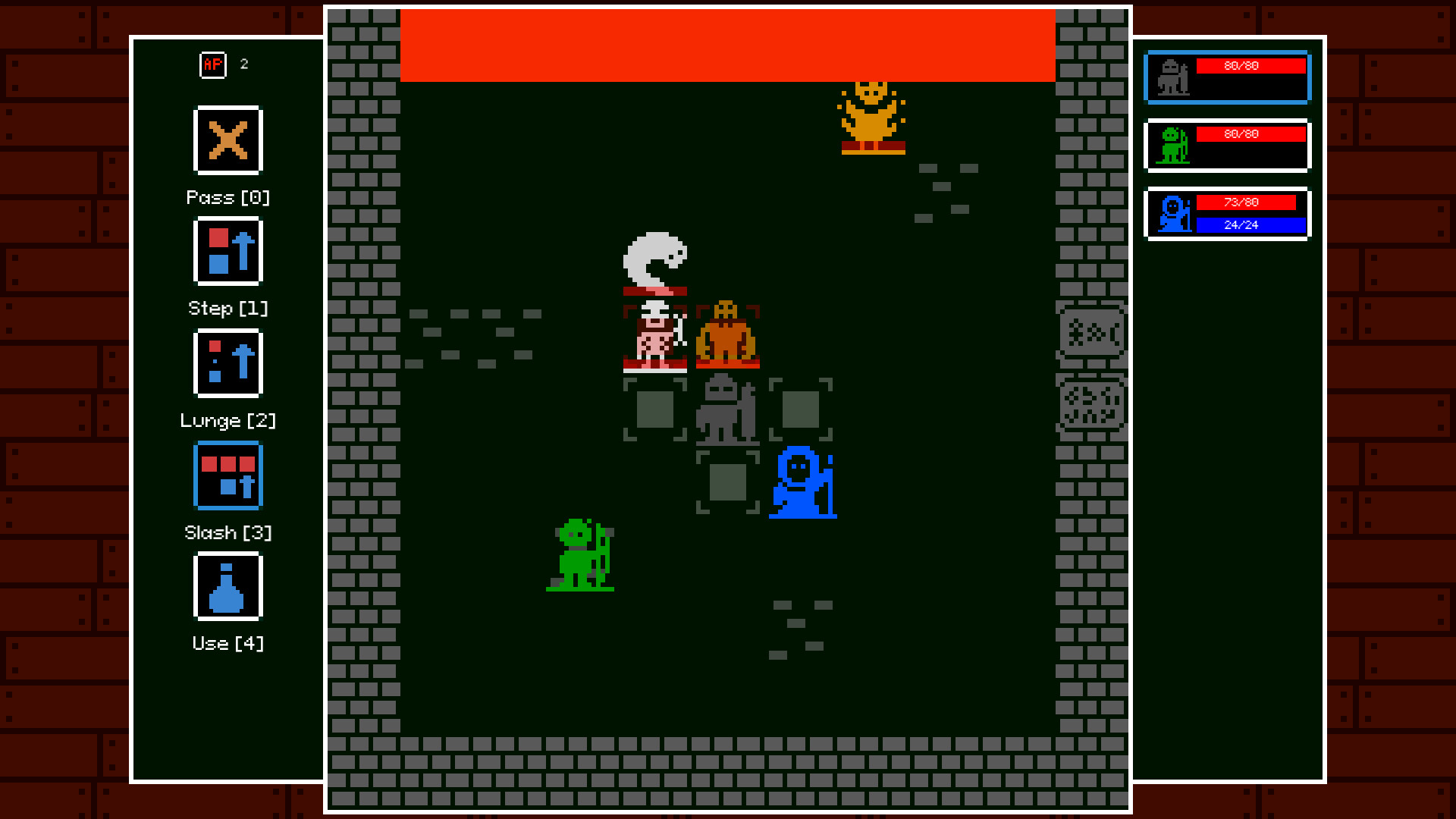 A stone corridor beneath a banner