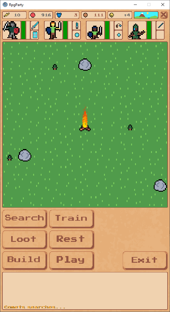 The town screen, with search, train, loot and rest