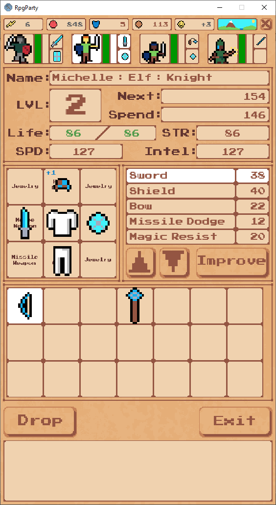 Character sheet and inventory for a knight