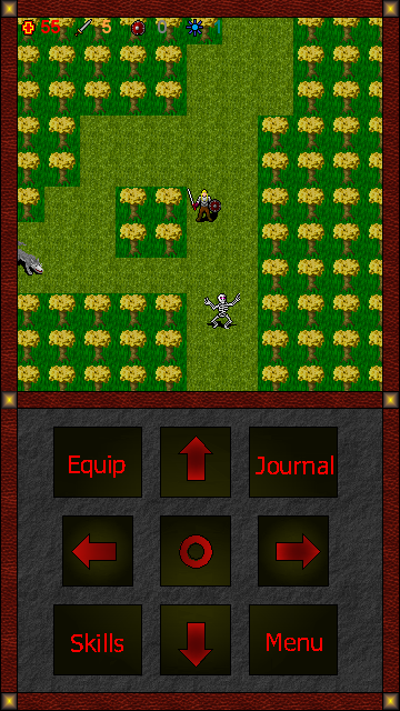 Walking a grass path between orchard trees, with a skeleton and a wolf nearby