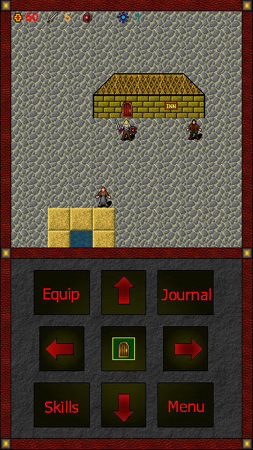 A cobbled town square outside the inn, with two townspeople standing by