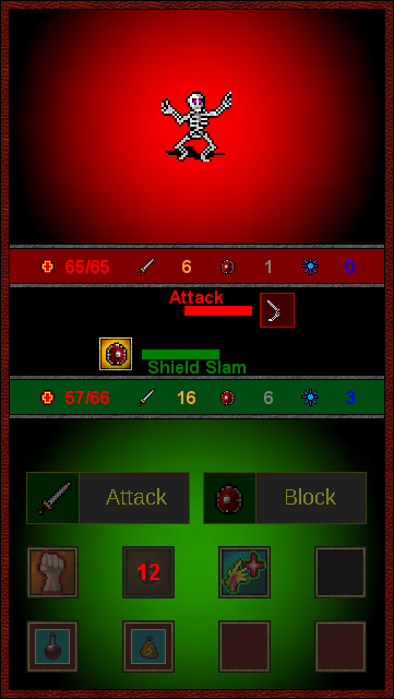 Combat against a skeleton, showing the attack and block timing bars