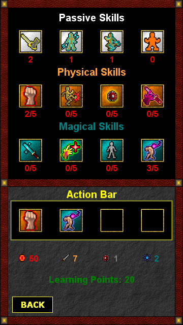 The skills screen, with passive, physical and magical skills and the action bar